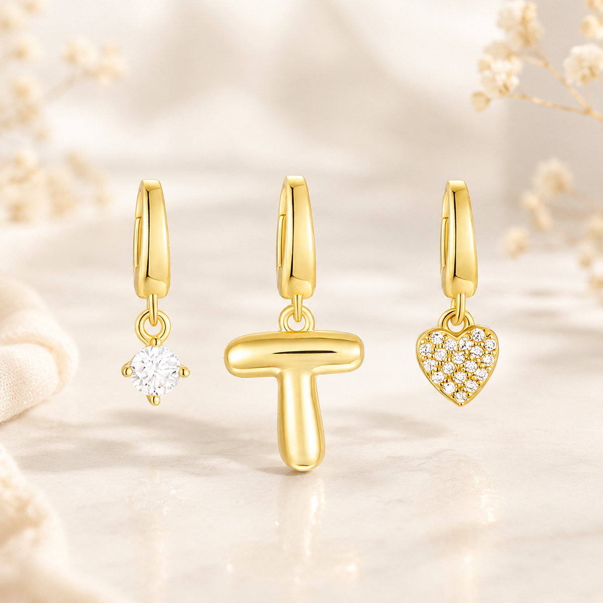 Gold Initial & Heart Charm Set