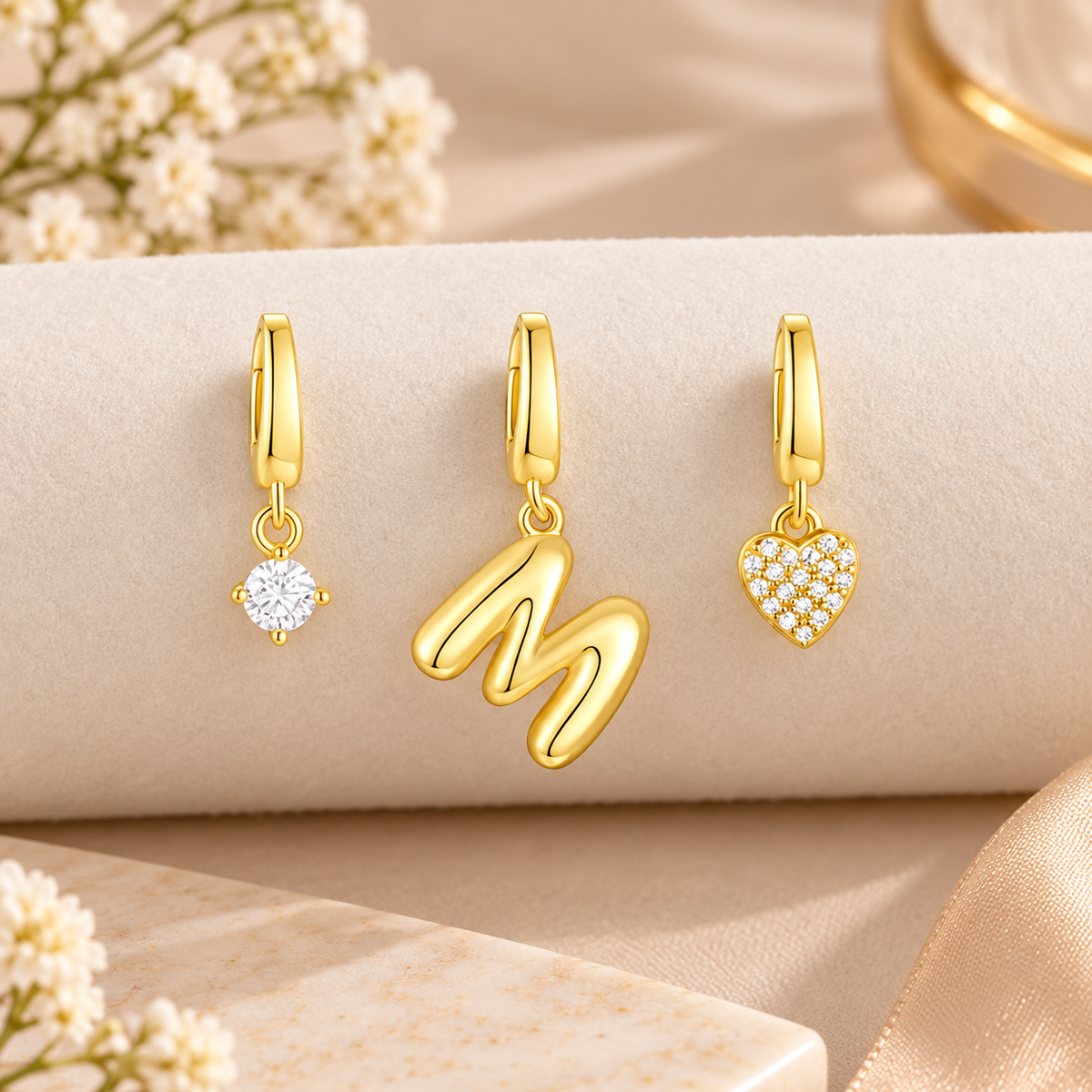 Gold Initial & Heart Charm Set