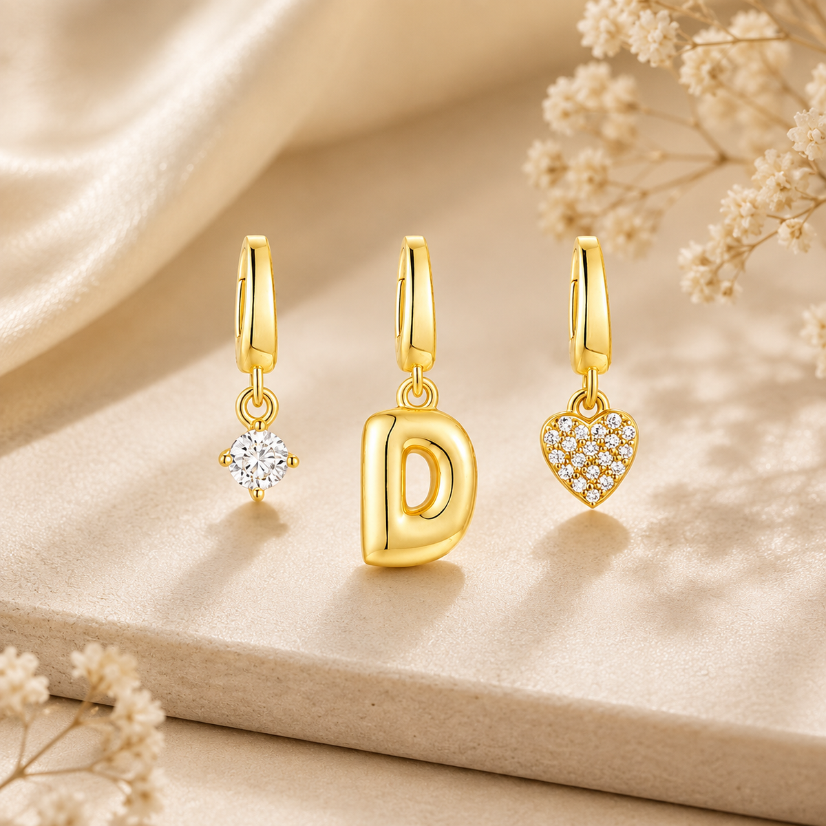Gold Initial & Heart Charm Set